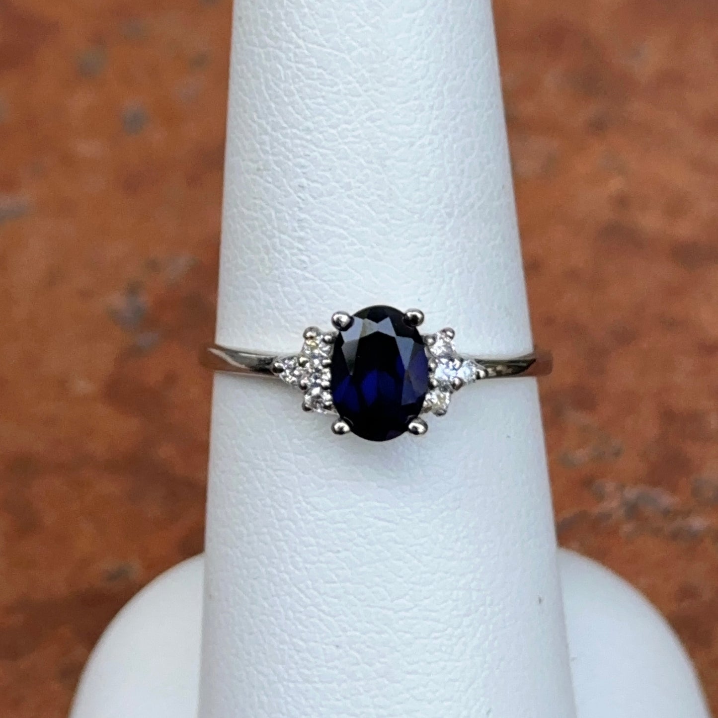 Estate 10KT White Gold Oval Blue Sapphire + Diamond Accent Ring