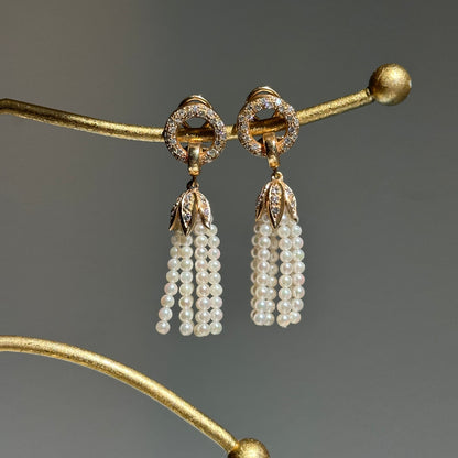 Estate 14KT Yellow Gold Seed Pearl Tassel + Diamond Clip-On Earrings