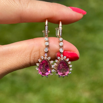 14KT Rose Gold Pear Pink Tourmaline + Diamond Halo Dangle Earrings