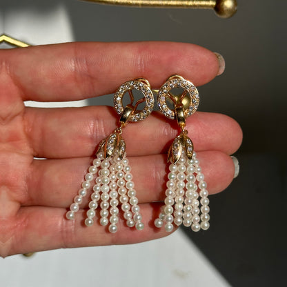 Estate 14KT Yellow Gold Seed Pearl Tassel + Diamond Clip-On Earrings