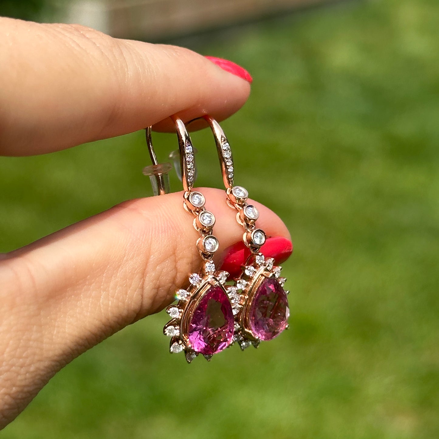 14KT Rose Gold Pear Pink Tourmaline + Diamond Halo Dangle Earrings