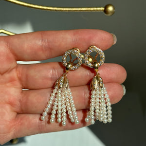 Estate 14KT Yellow Gold Seed Pearl Tassel + Diamond Clip-On Earrings