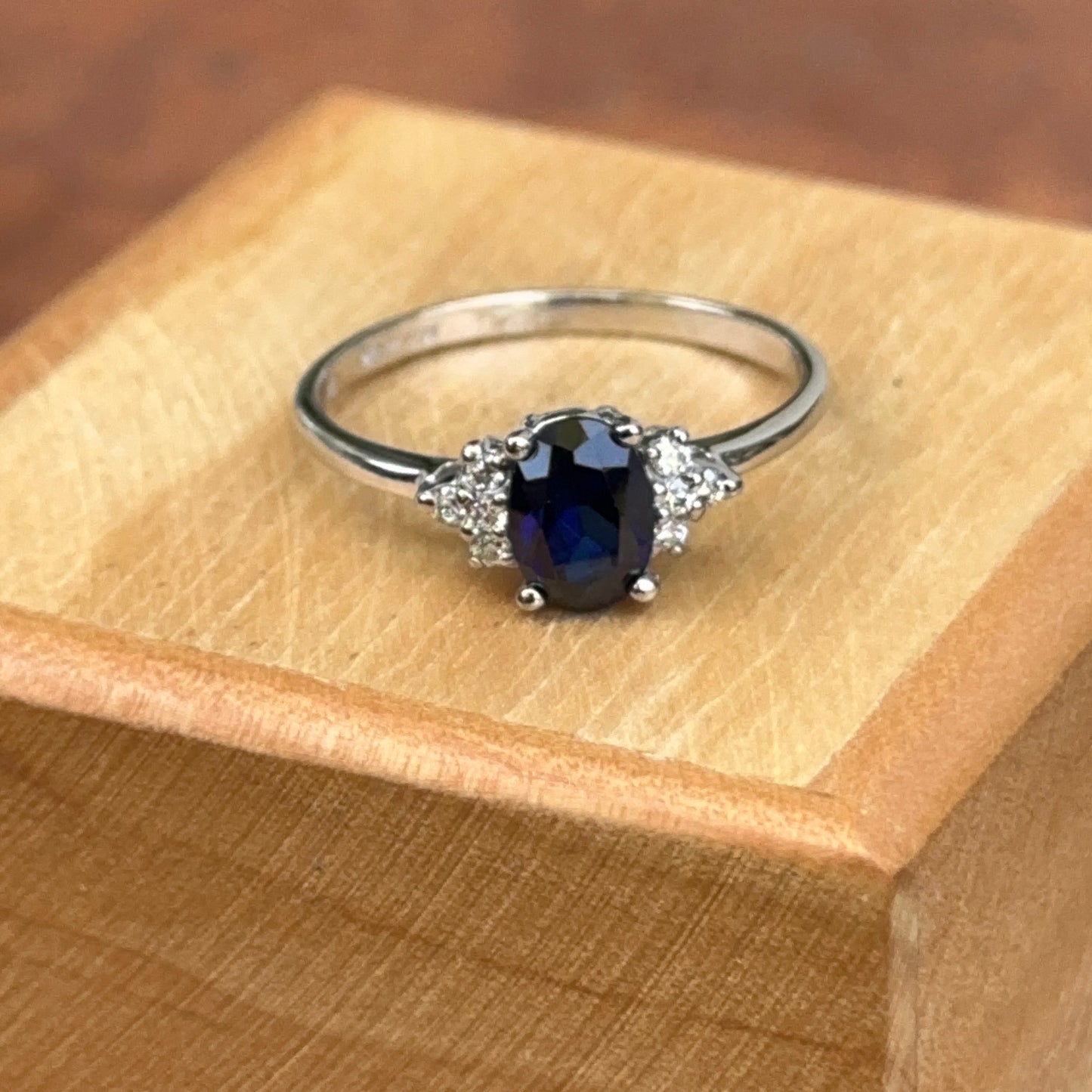 Estate 10KT White Gold Oval Blue Sapphire + Diamond Accent Ring