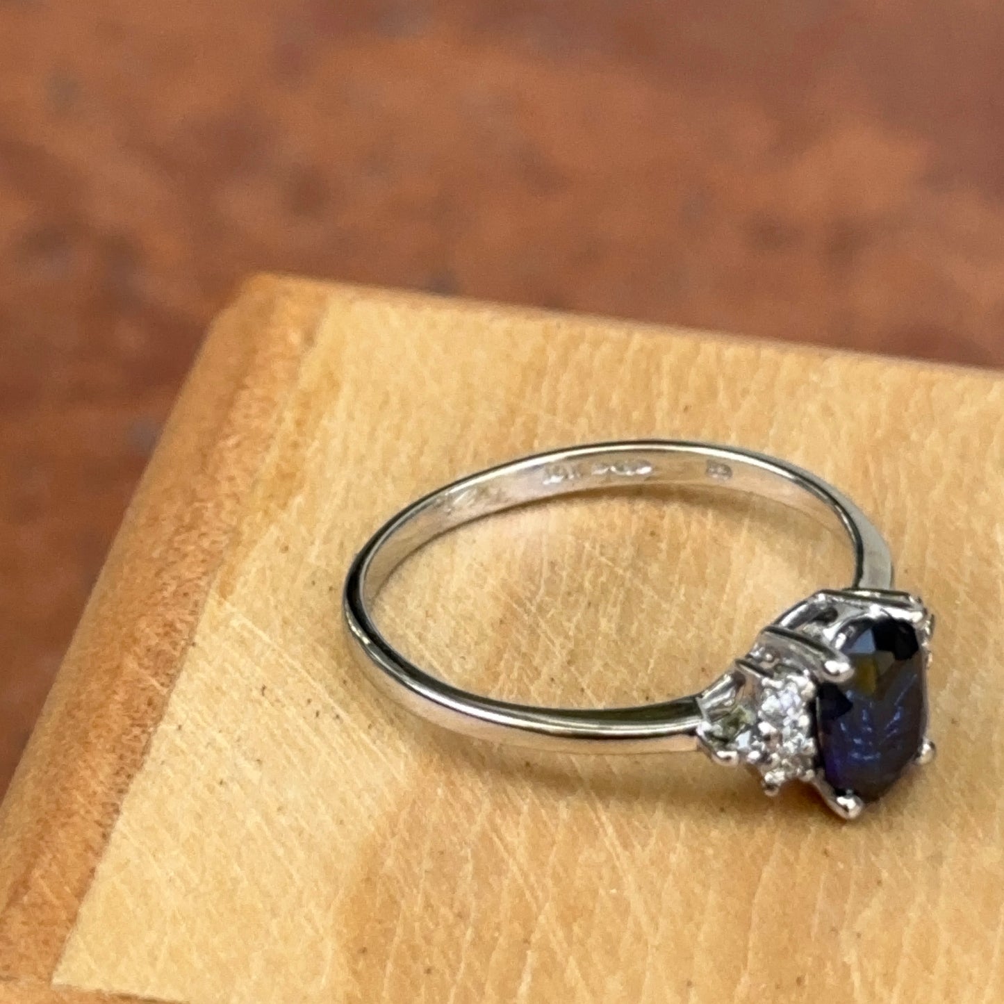 Estate 10KT White Gold Oval Blue Sapphire + Diamond Accent Ring