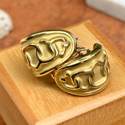 Estate Byzantine 18KT Yellow Gold Raised Chain Link J Hoop Earrings