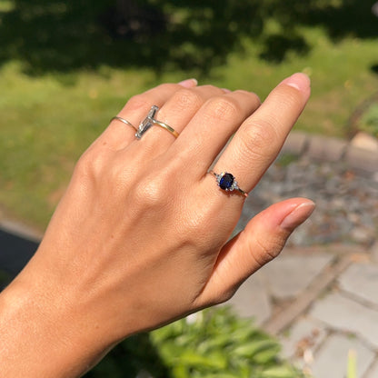 Estate 10KT White Gold Oval Blue Sapphire + Diamond Accent Ring