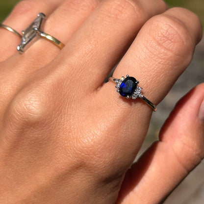 Estate 10KT White Gold Oval Blue Sapphire + Diamond Accent Ring