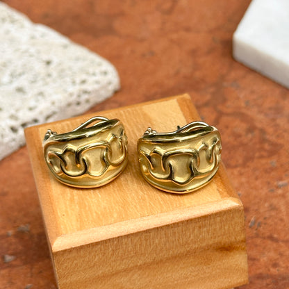 Estate Byzantine 18KT Yellow Gold Raised Chain Link J Hoop Earrings
