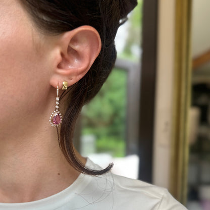 14KT Rose Gold Pear Pink Tourmaline + Diamond Halo Dangle Earrings