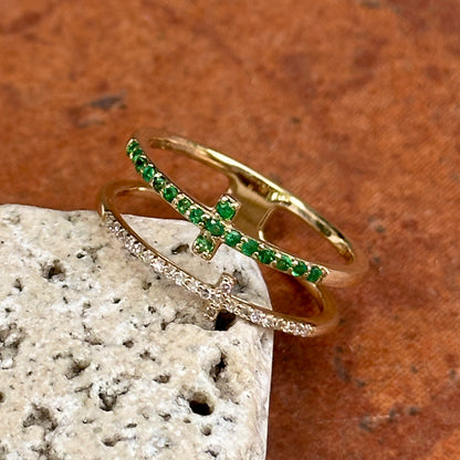 Estate 14KT Yellow Gold Emerald + Diamond Double Cross Ring