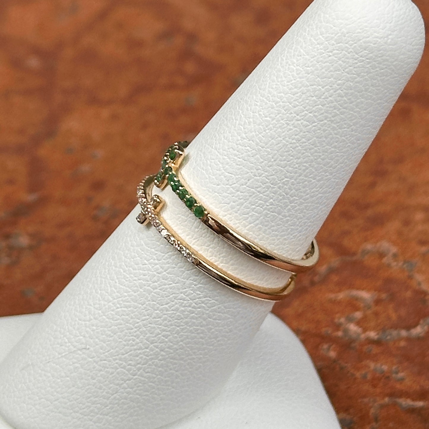 Estate 14KT Yellow Gold Emerald + Diamond Double Cross Ring