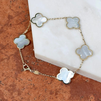 14KT Yellow Gold 14mm Mother of Pearl White Clover Station Chain Bracelet