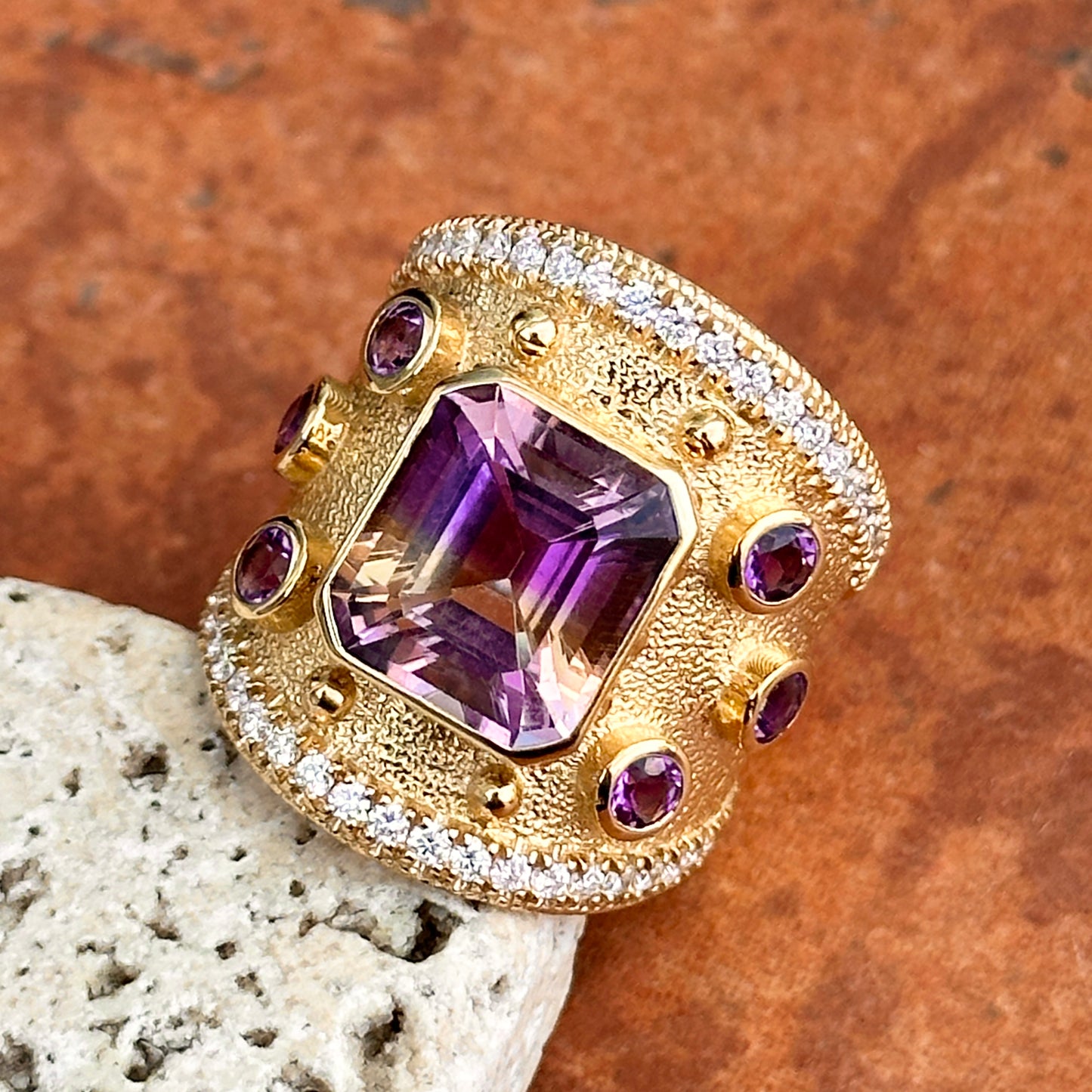 Estate 18KT Yellow Gold Ametrine Amethyst + Diamond Byzantine Ring 6.5