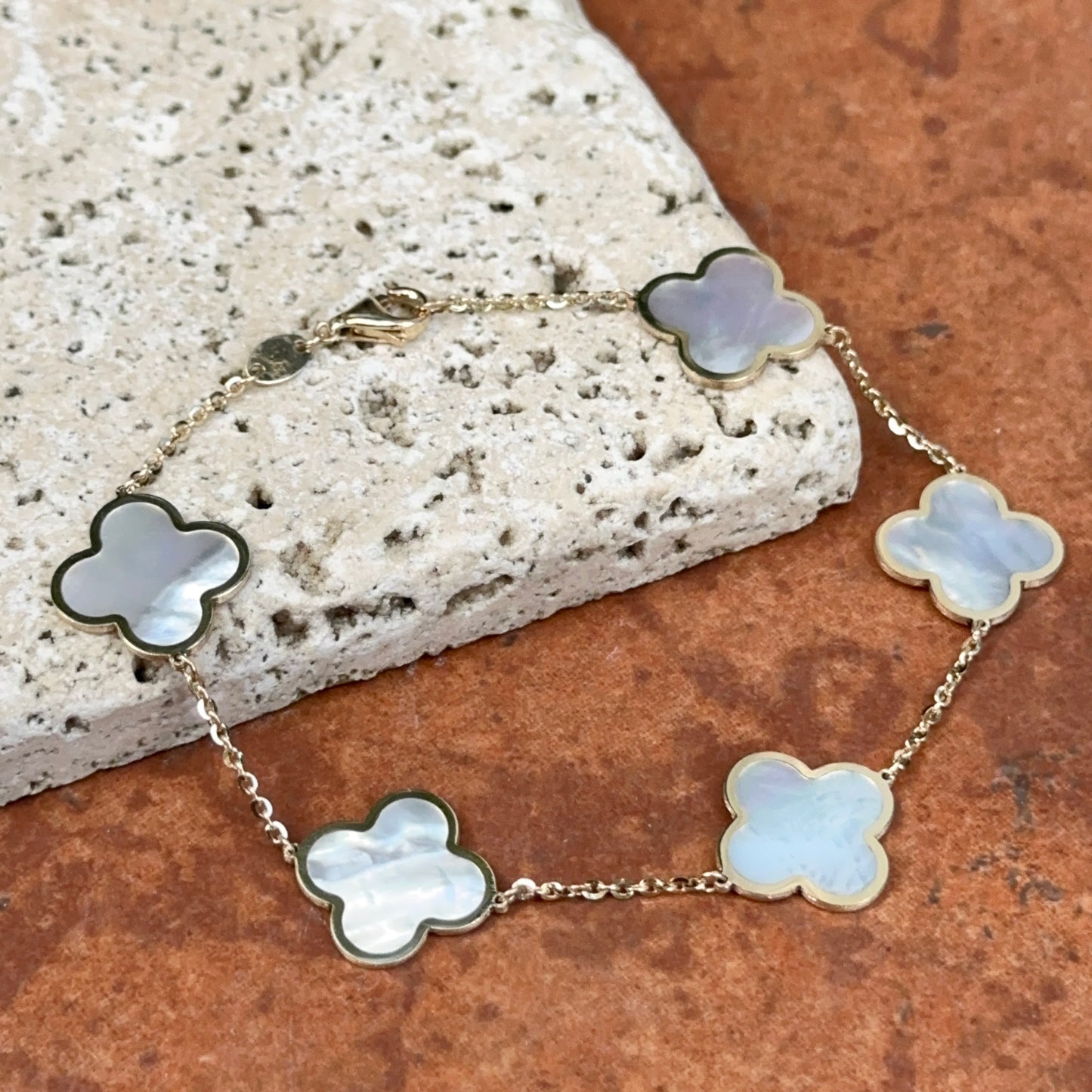 14KT Yellow Gold 14mm Mother of Pearl White Clover Station Chain Bracelet