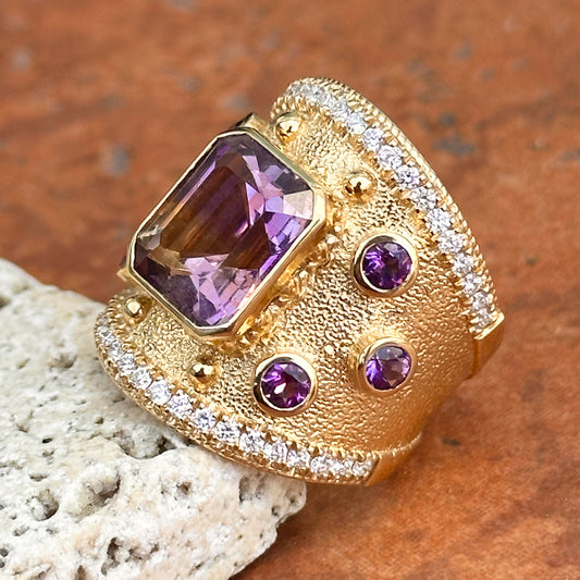 Estate 18KT Yellow Gold Ametrine Amethyst + Diamond Byzantine Ring 6.5