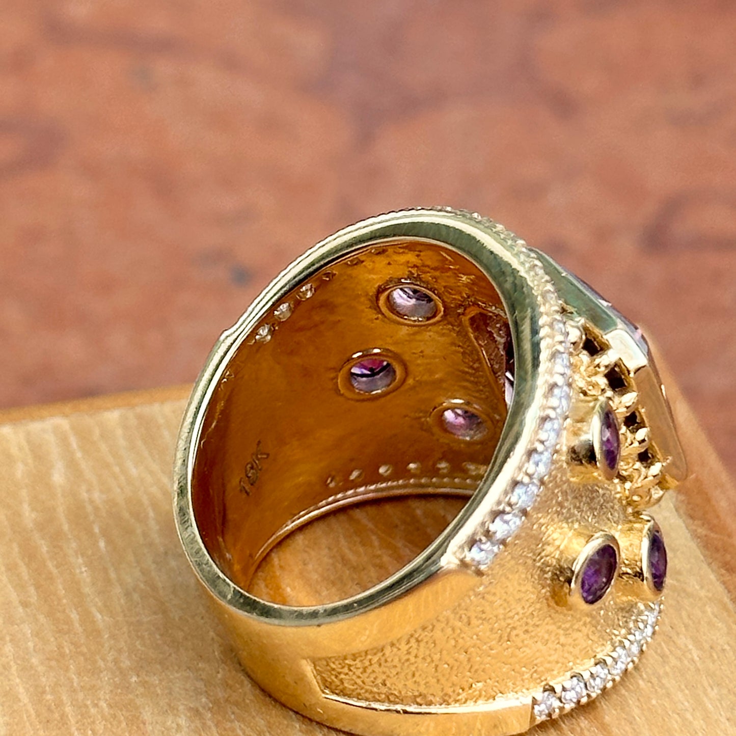 Estate 18KT Yellow Gold Ametrine Amethyst + Diamond Byzantine Ring 6.5