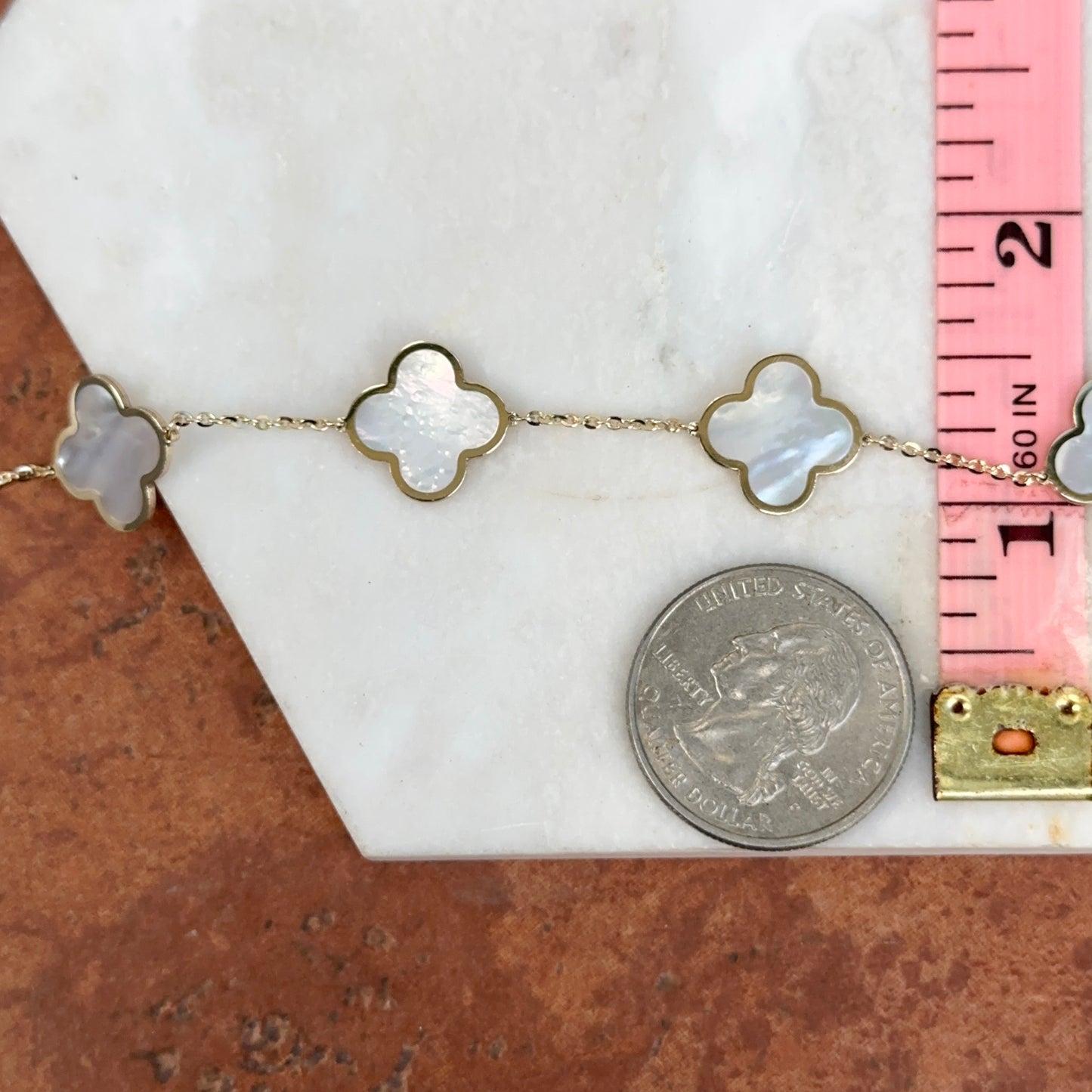 14KT Yellow Gold 14mm Mother of Pearl White Clover Station Chain Bracelet