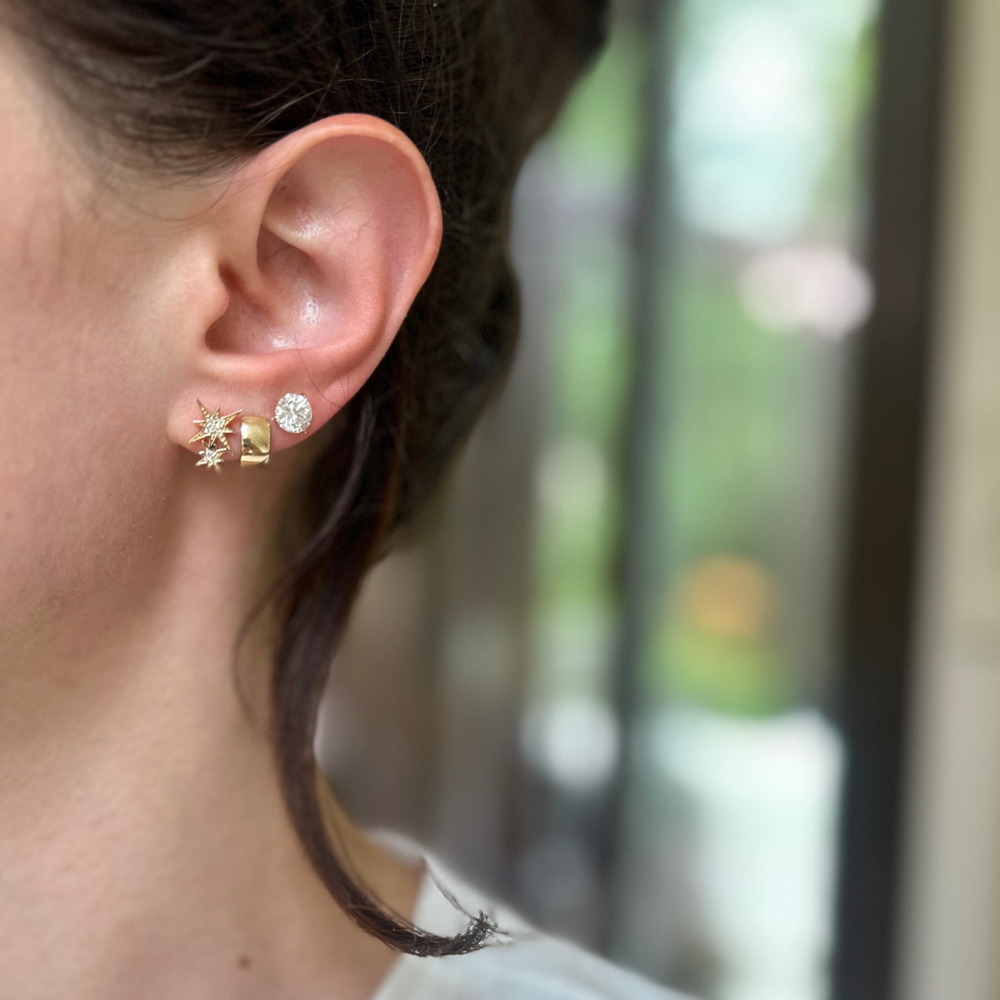 14KT Yellow Gold Pave Round Diamond Double Star Stud Earrings