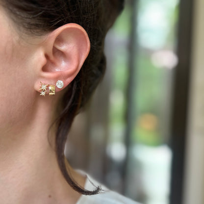 14KT Yellow Gold Pave Round Diamond Double Star Stud Earrings