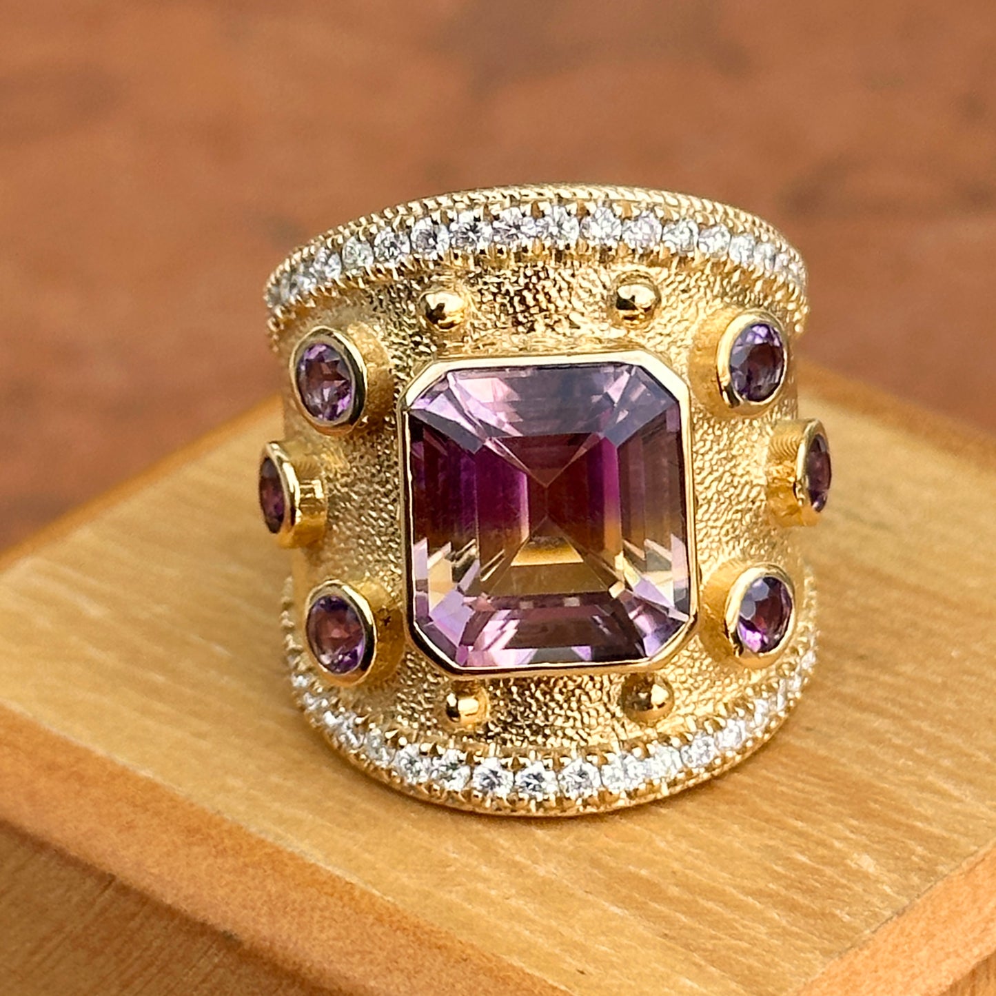 Estate 18KT Yellow Gold Ametrine Amethyst + Diamond Byzantine Ring 6.5