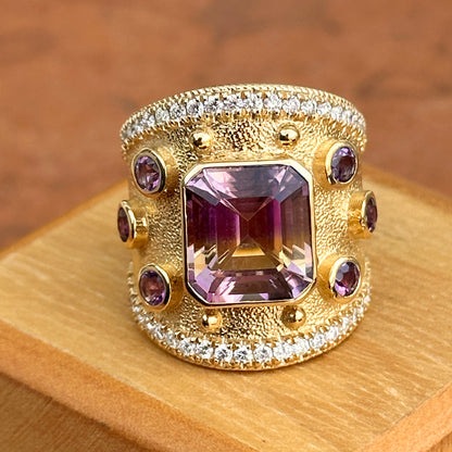 Estate 18KT Yellow Gold Ametrine Amethyst + Diamond Byzantine Ring 6.5