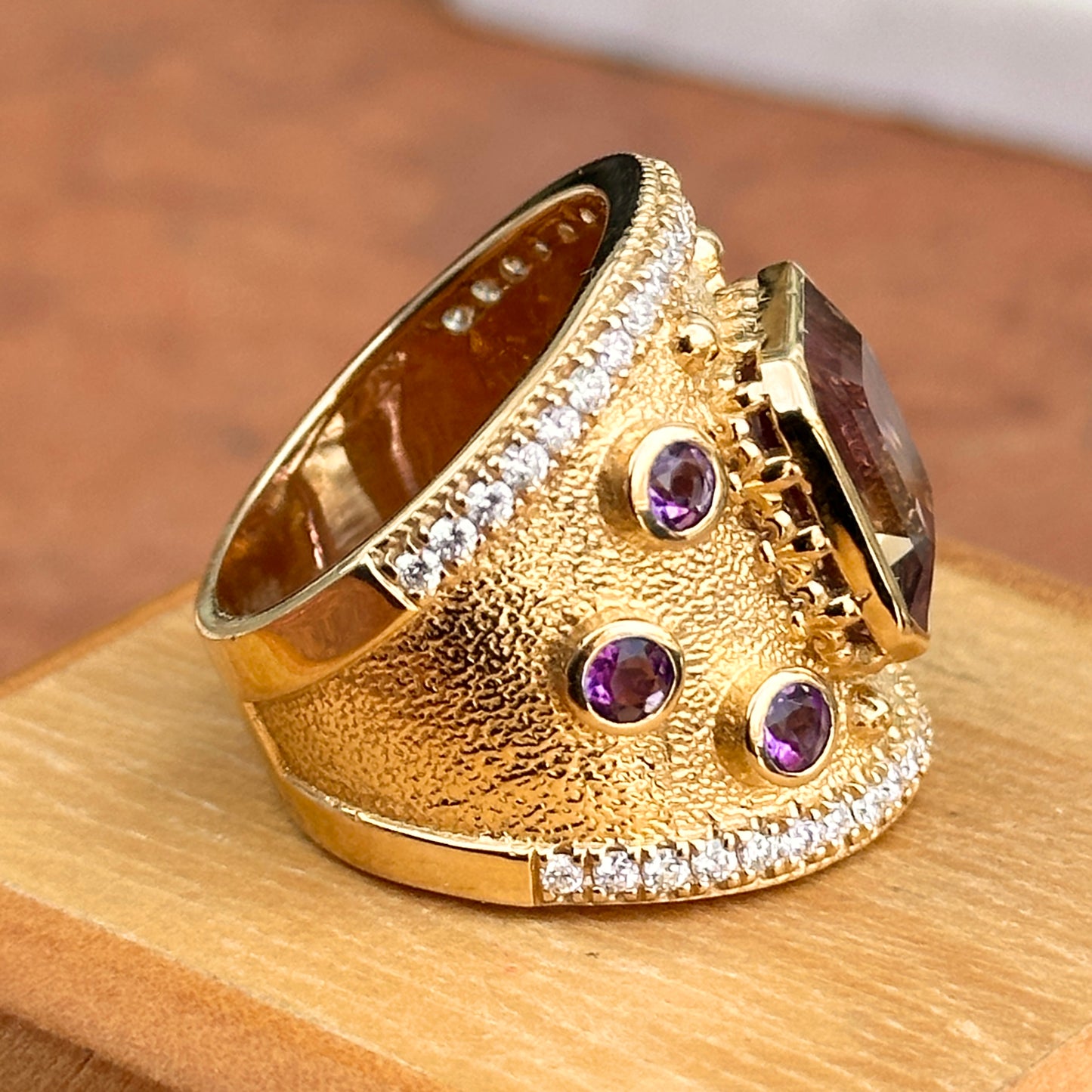 Estate 18KT Yellow Gold Ametrine Amethyst + Diamond Byzantine Ring 6.5