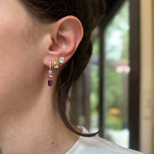 14KT Yellow Gold Multi Shape Pink Tourmaline + Round Diamond Huggie Drop Earrings