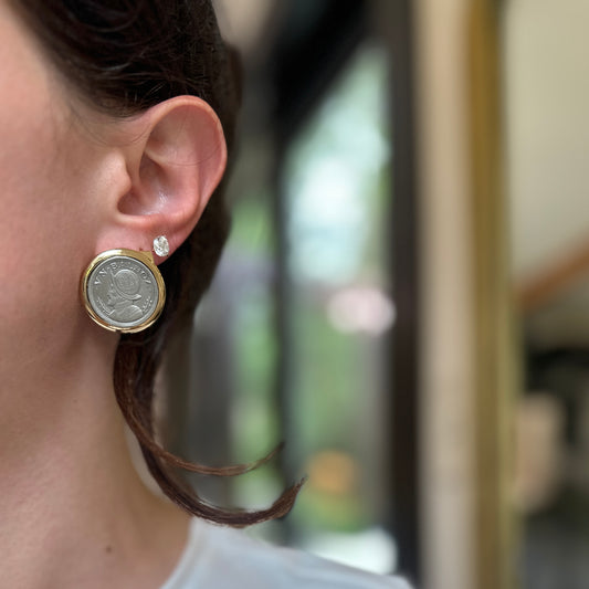 Vintage Gold-Tone + Silver Tone Panama VN Balboa Coin Bezel  Earrings 27mm