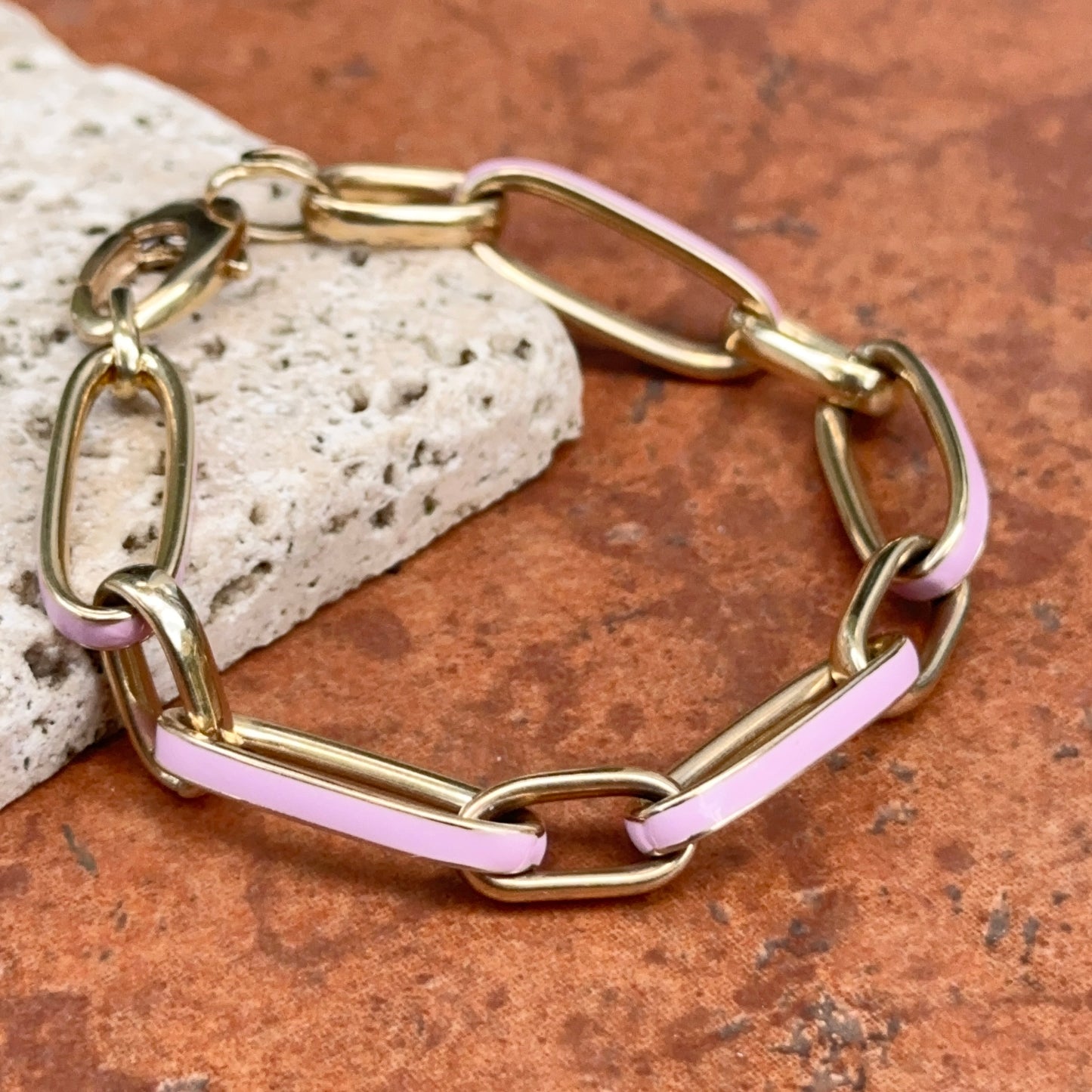 14KT Yellow Gold Pink Enamel Elongated Oval Link Chain Bracelet