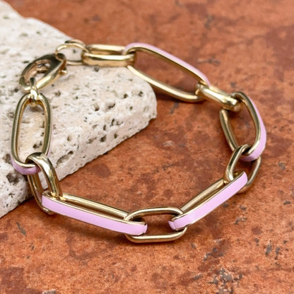 14KT Yellow Gold Pink Enamel Elongated Oval Link Chain Bracelet