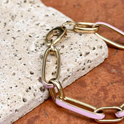 14KT Yellow Gold Pink Enamel Elongated Oval Link Chain Bracelet