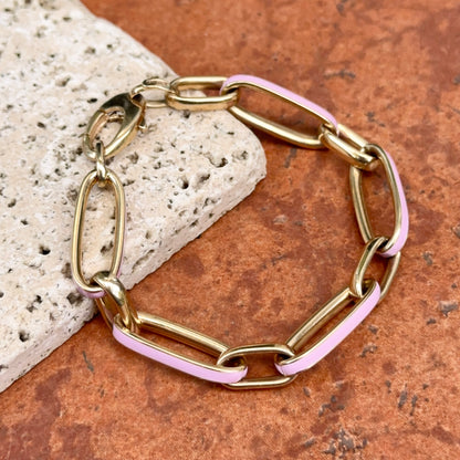 14KT Yellow Gold Pink Enamel Elongated Oval Link Chain Bracelet