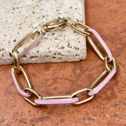 14KT Yellow Gold Pink Enamel Elongated Oval Link Chain Bracelet