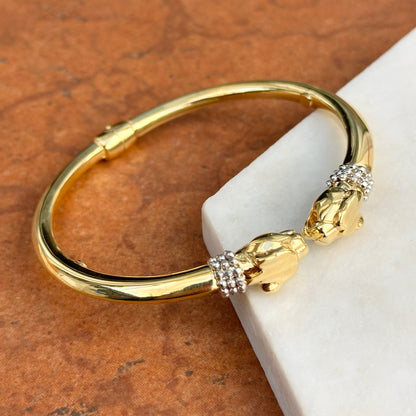 Estate 18KT Yellow White Gold + Diamond Double Panther Head Cuff Bracelet