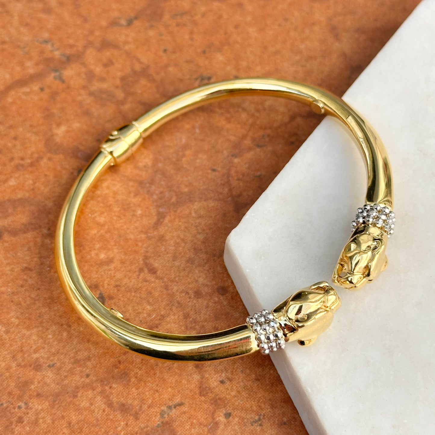 Estate 18KT Yellow White Gold + Diamond Double Panther Head Cuff Bracelet