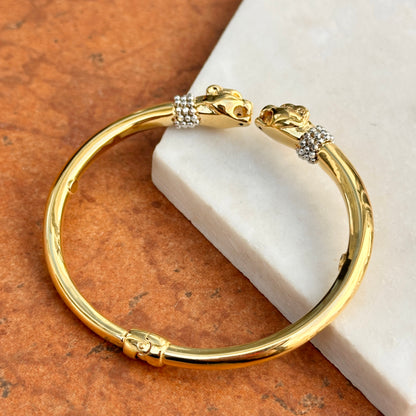 Estate 18KT Yellow White Gold + Diamond Double Panther Head Cuff Bracelet