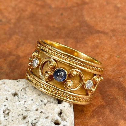 Estate 18KT Yellow Gold Blue Sapphire + Diamond Byzantine Ring