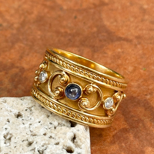 Estate 18KT Yellow Gold Blue Sapphire + Diamond Byzantine Ring