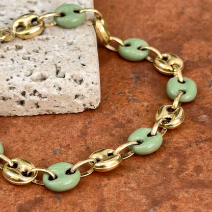 14KT Yellow Gold Puffed Mariner Link + Green Enamel Chain Bracelet