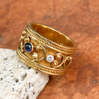 Estate 18KT Yellow Gold Blue Sapphire + Diamond Byzantine Ring