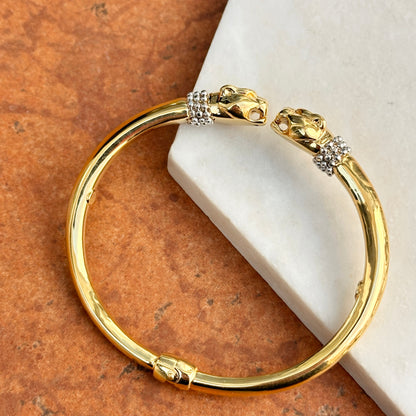 Estate 18KT Yellow White Gold + Diamond Double Panther Head Cuff Bracelet