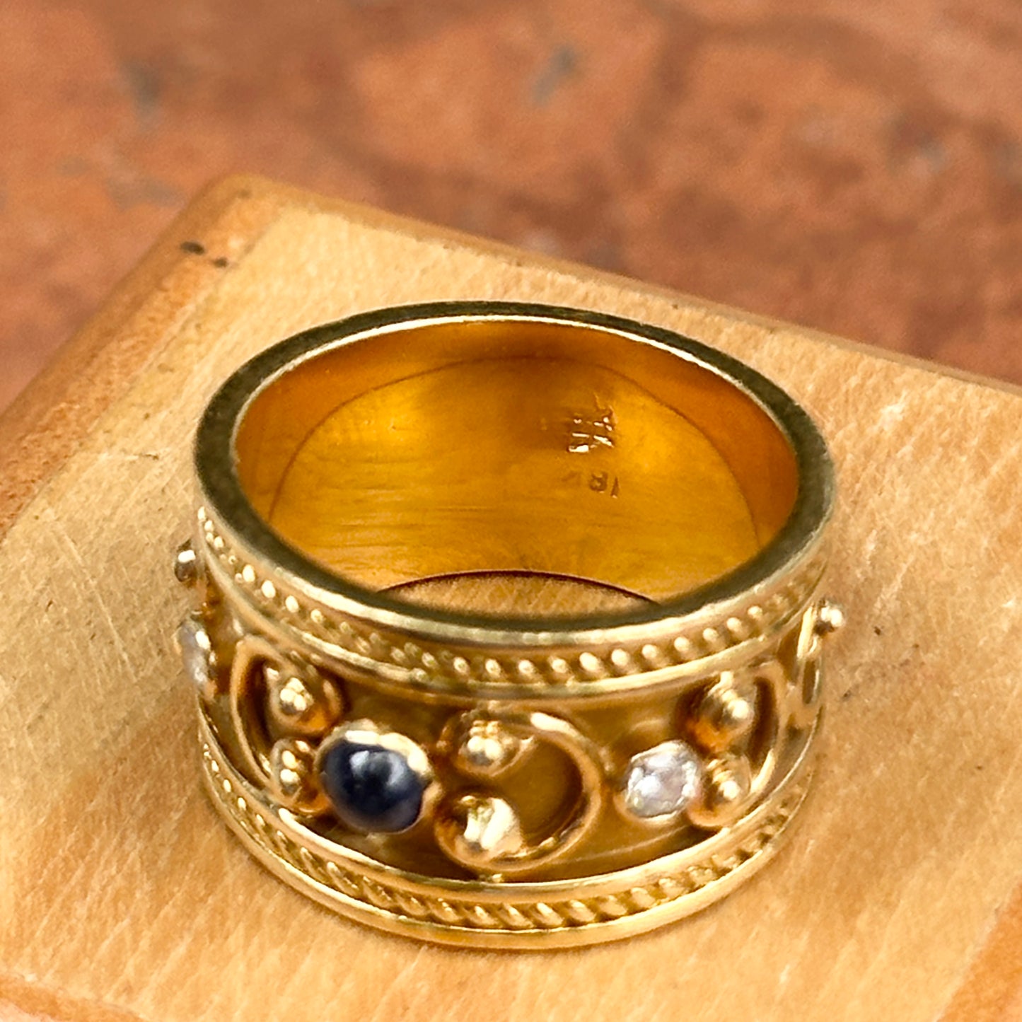 Estate 18KT Yellow Gold Blue Sapphire + Diamond Byzantine Ring