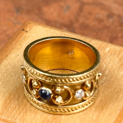 Estate 18KT Yellow Gold Blue Sapphire + Diamond Byzantine Ring