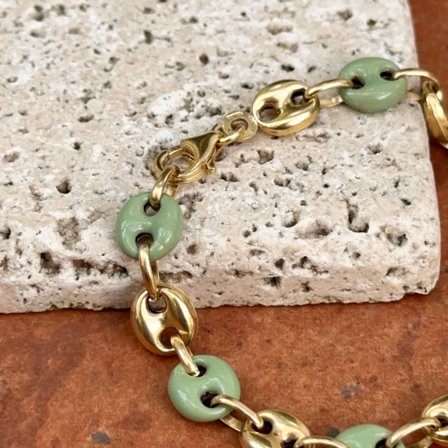 14KT Yellow Gold Puffed Mariner Link + Green Enamel Chain Bracelet