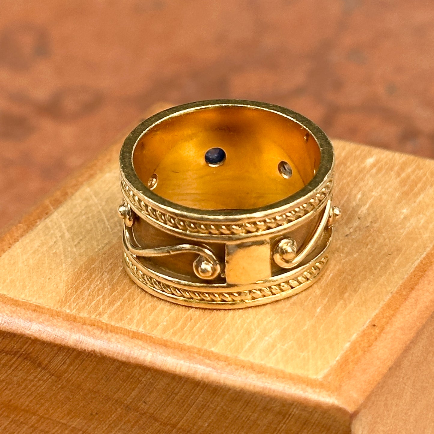 Estate 18KT Yellow Gold Blue Sapphire + Diamond Byzantine Ring