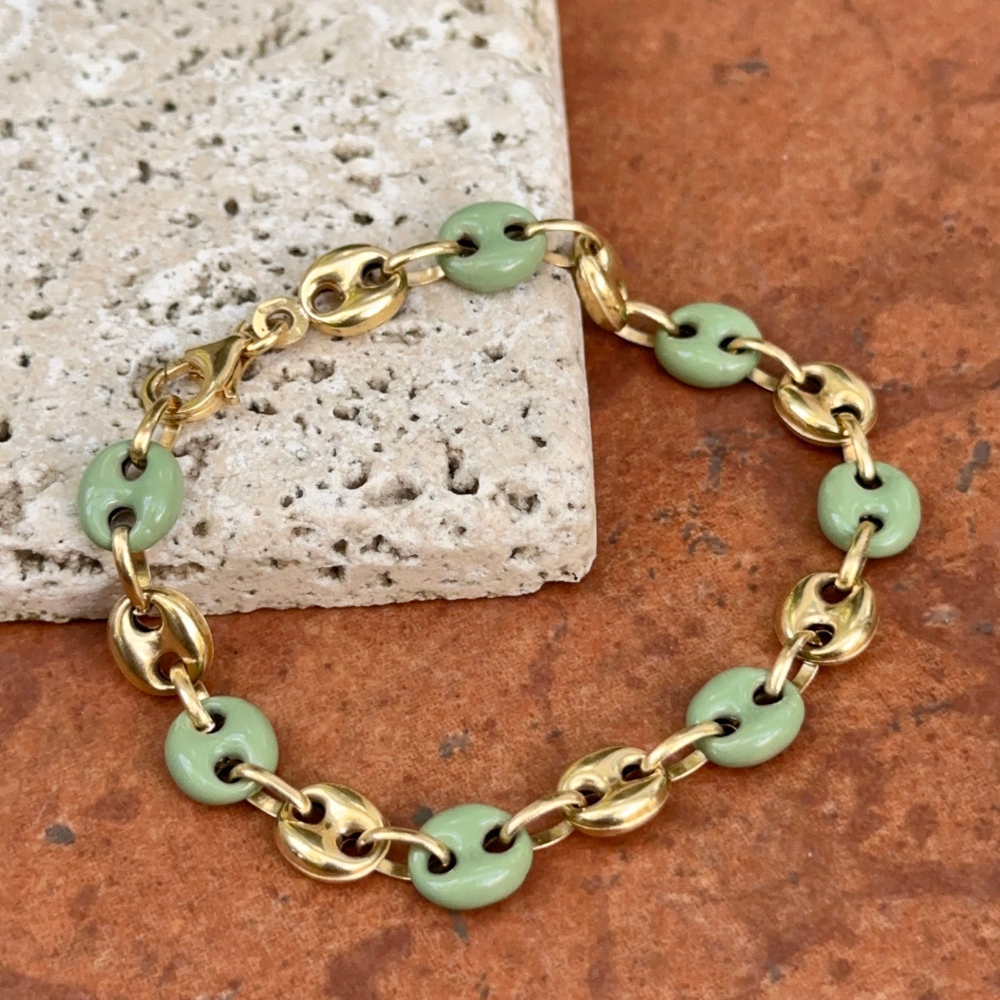 14KT Yellow Gold Puffed Mariner Link + Green Enamel Chain Bracelet