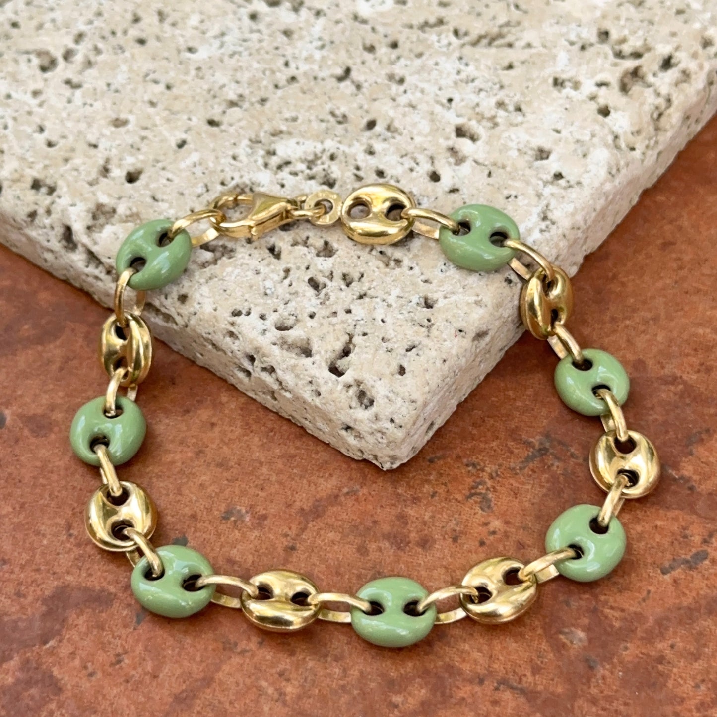 14KT Yellow Gold Puffed Mariner Link + Green Enamel Chain Bracelet