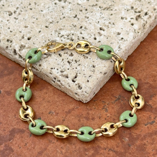 14KT Yellow Gold Puffed Mariner Link + Green Enamel Chain Bracelet