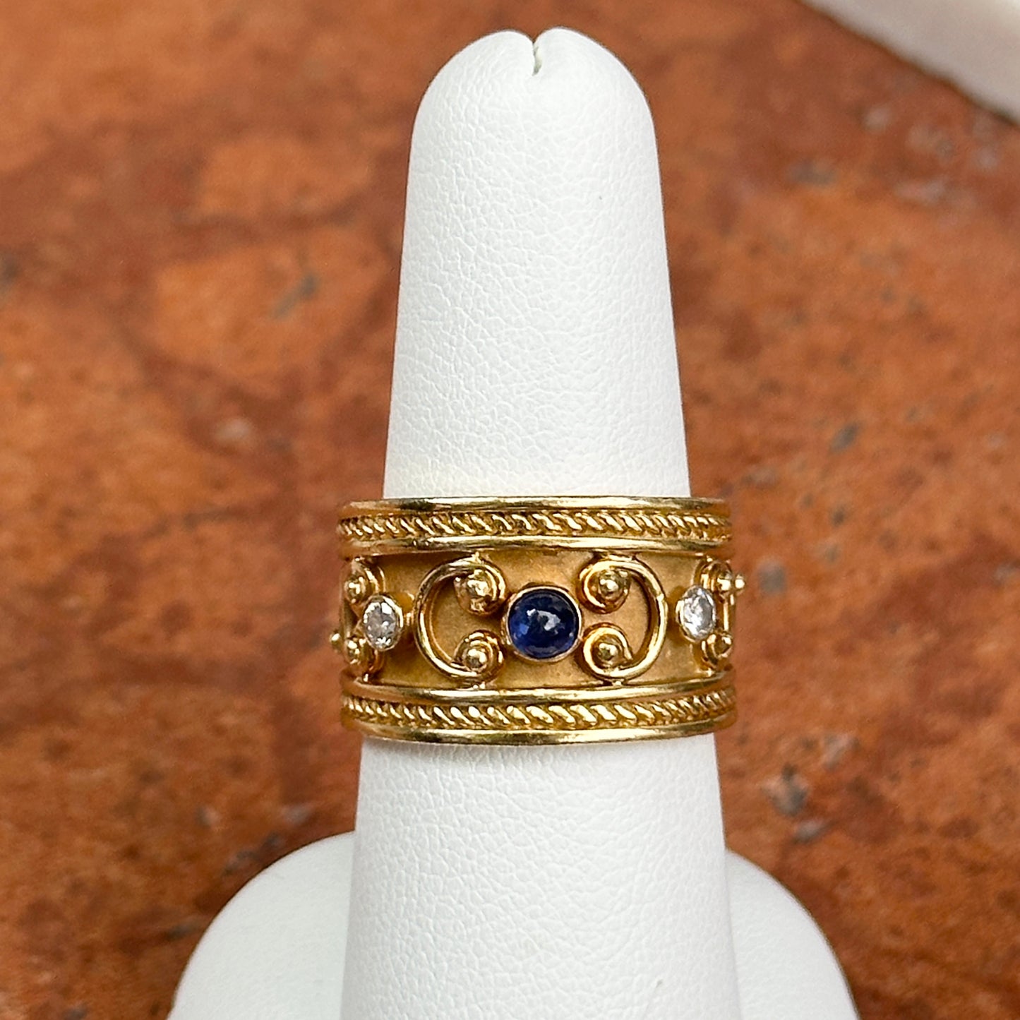 Estate 18KT Yellow Gold Blue Sapphire + Diamond Byzantine Ring