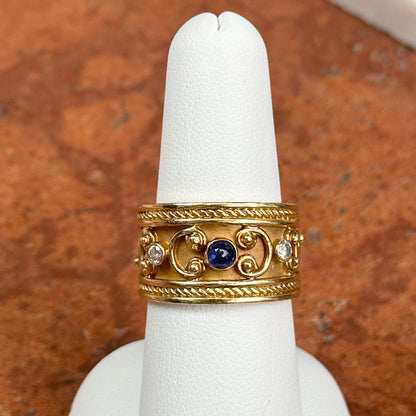 Estate 18KT Yellow Gold Blue Sapphire + Diamond Byzantine Ring